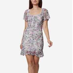 BCBGeneration Purple Floral Mesh Ruched Mini Dress Flounce Hem NWT Size 12 Large